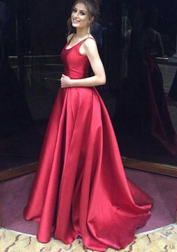 A-line/Princess Scoop Neck Sleeveless Sweep Train Satin Prom Dress