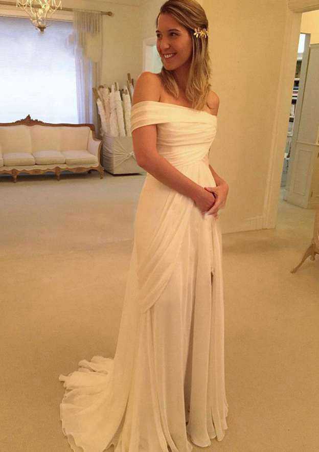 Chiffon Wedding Dress A-Line/Princess Off-The-Shoulder Sweep Train With Pleated