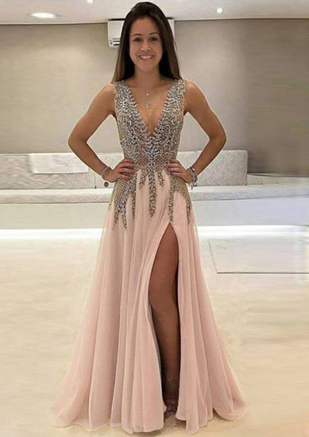 A-line/Princess V Neck Sleeveless Long/Floor-Length Chiffon Prom Dress With Split Beading Appliqued