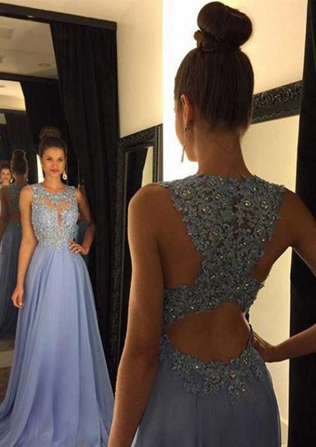 Chiffon Prom Dress A-Line/Princess Scoop Neck Sweep Train With Appliqued Beaded