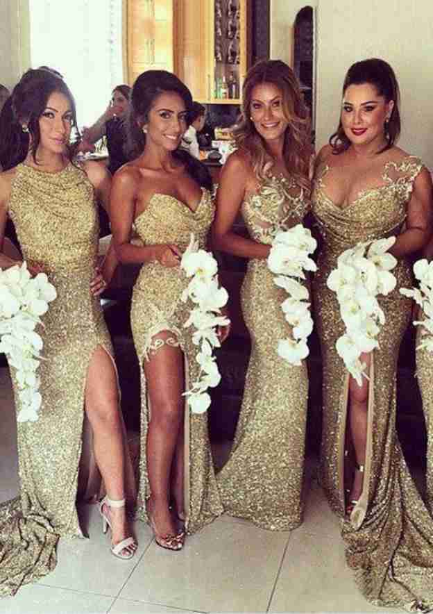 Sheath/Column Sleeveless Bateau Sweep Train Sequined Bridesmaid Dress