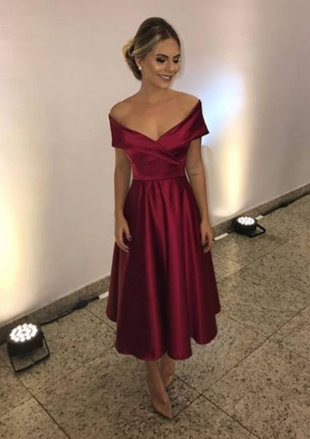 t length formal dresses Steel Blue Off Shoulder Tea Dress This strapless A A-Line Sweetheart Neck Satin Tea