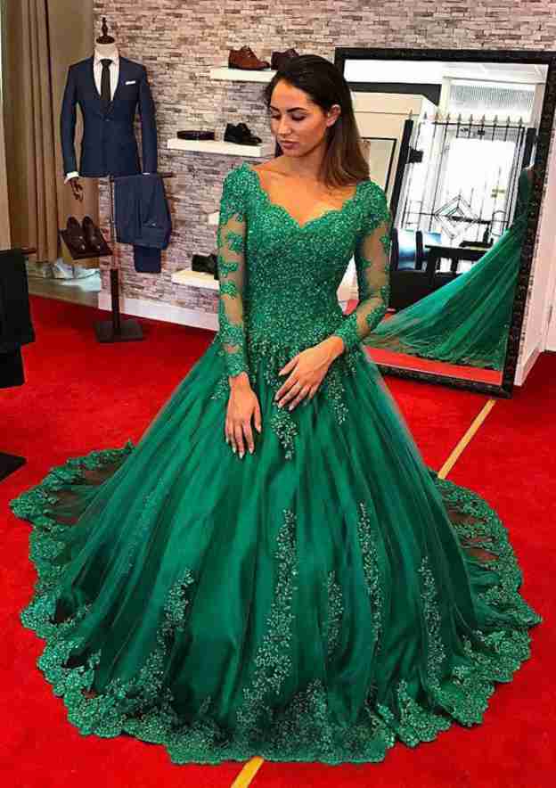 Tulle Chapel Train A-Line/Princess Full/Long Sleeve Sweetheart Zipper Prom Dress With Beaded