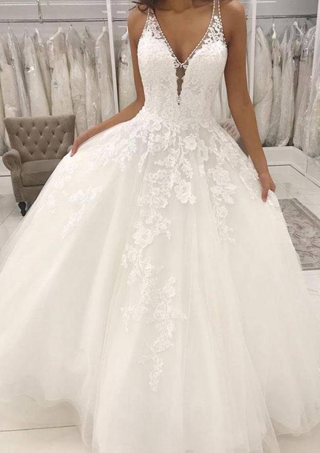 A-line/Princess V Neck Sleeveless Long/Floor-Length Tulle Wedding Dresse With Appliqued