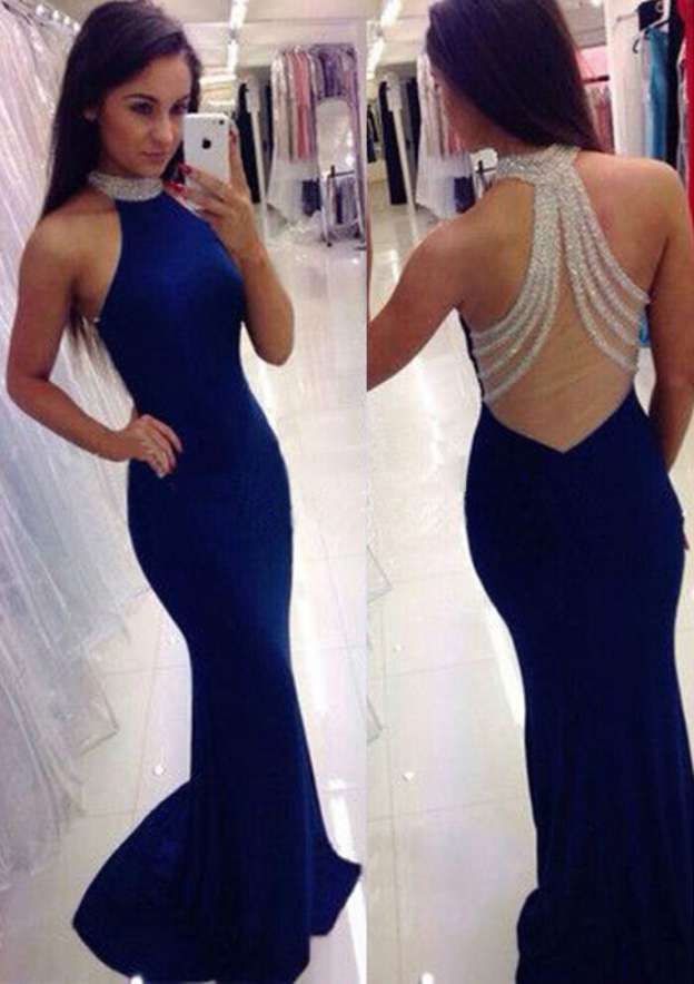 Sheath/Column Sleeveless High-Neck Sweep Train Jersey Prom Dress With Beaded