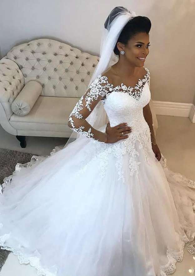 Ball Gown Scoop Neck Full/Long Sleeve Long/Floor-Length Tulle Wedding Dress With Appliqued Lace