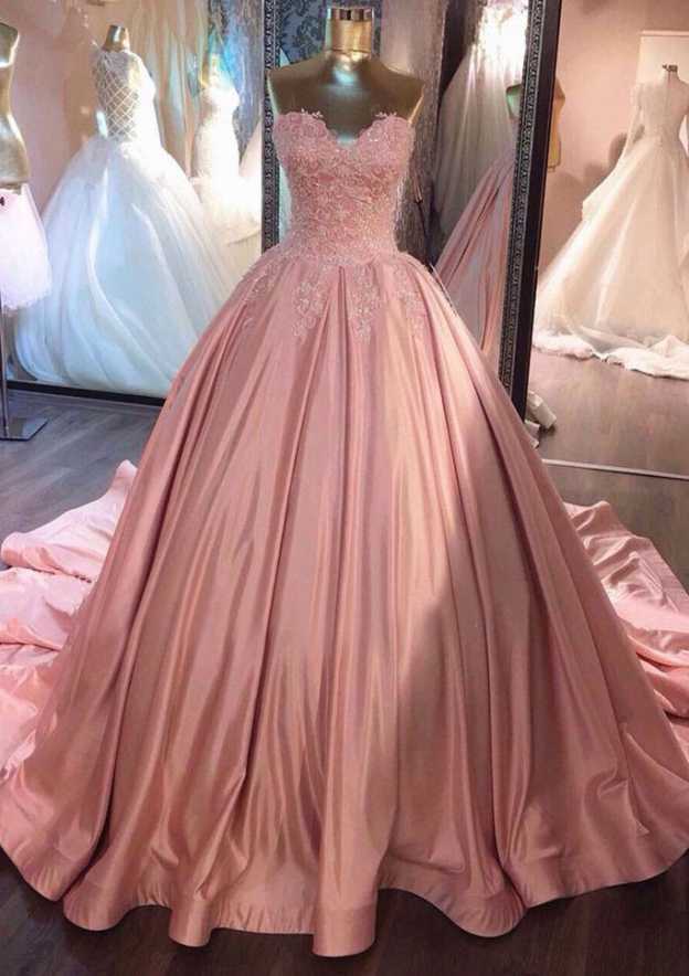 Ball Gown Sweetheart Sleeveless Chapel Train Satin Prom Dress With Pleated Lace