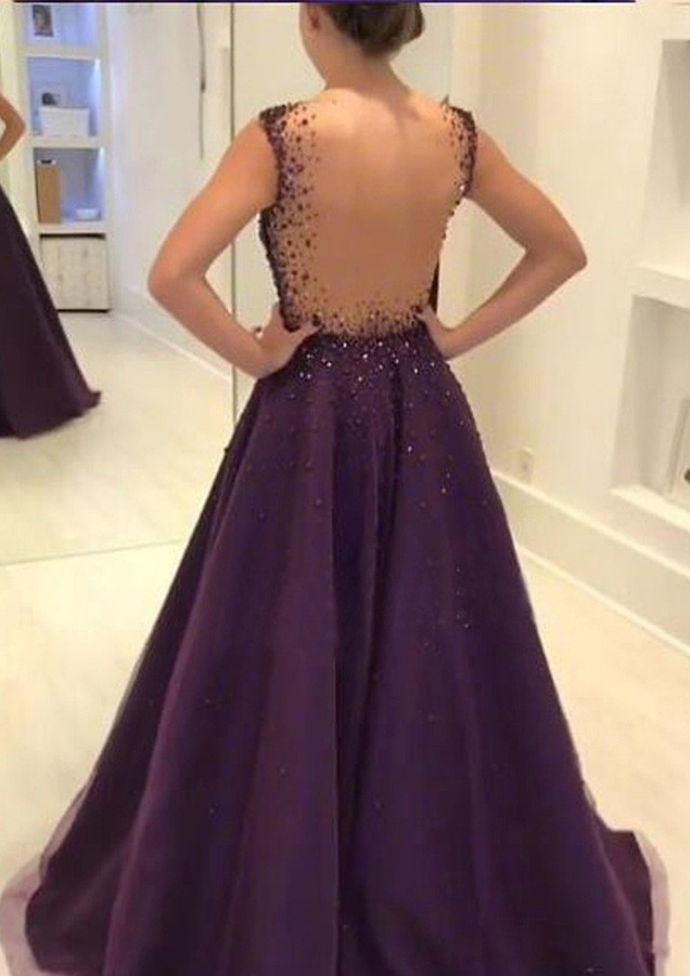 Orchid A-line/Princess Scalloped Neck Sleeveless Long/Floor-Length Tulle Prom Dress With Crystal - STACEES
