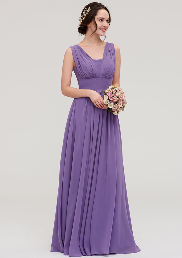 Long/Floor-Length Scalloped Neck Sleeveless Chiffon Bridesmaid Dresses With Pleated