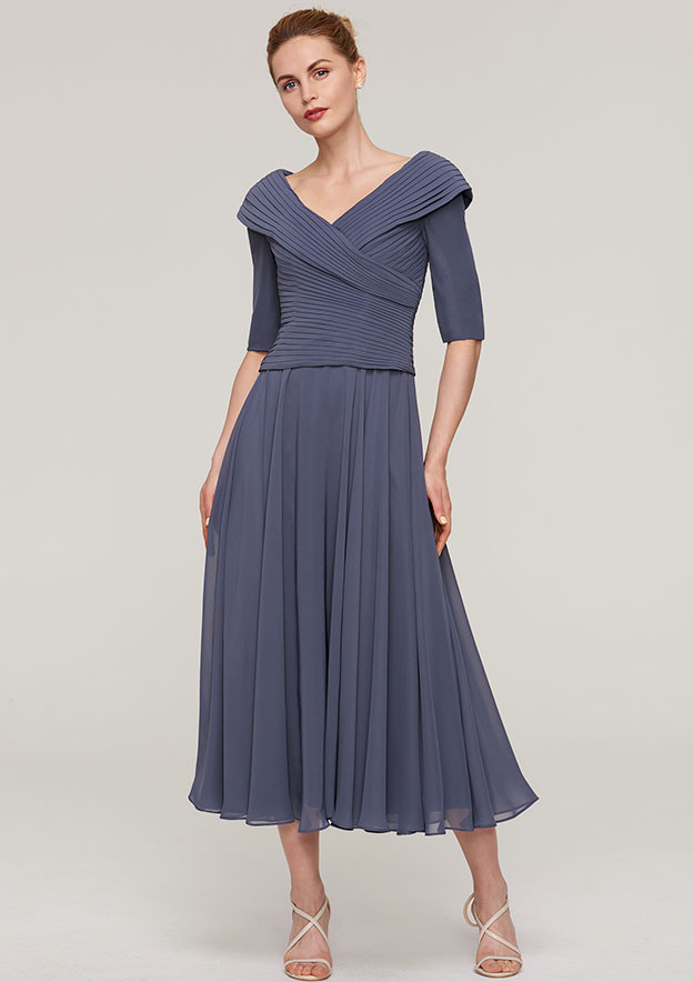 A-line/Princess V Neck Half Sleeve Tea-Length Chiffon Mother of the Bride Dress With Pleated