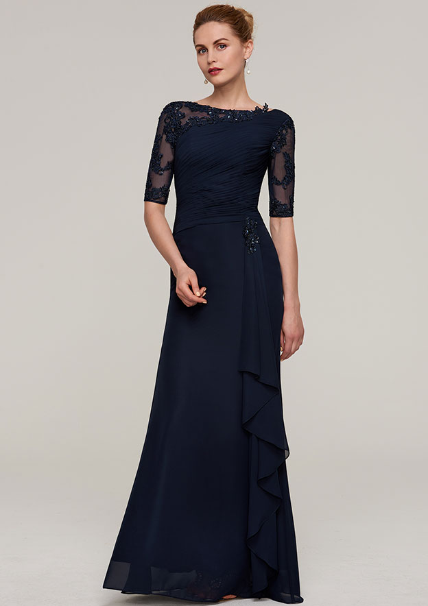 Sheath/Column Bateau Half Sleeve Long/Floor-Length Chiffon Mother of the Bride Dresses With Ruffles Pleated Appliqued Beading