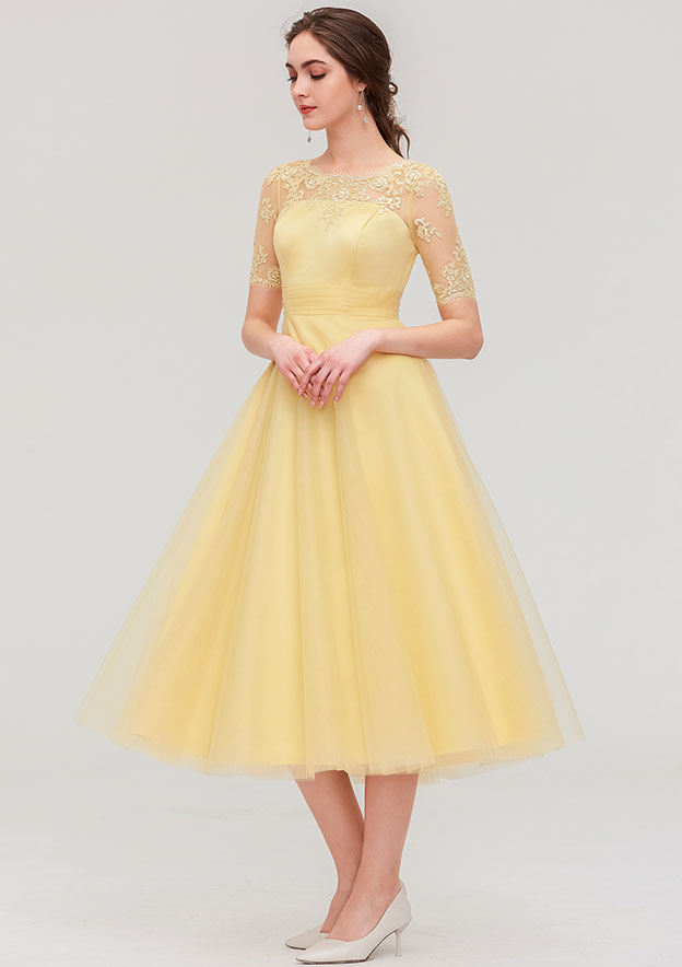 Tulle Bridesmaid Dress A-line/Princess Bateau Short Sleeve Tea-Length With Pleated Lace