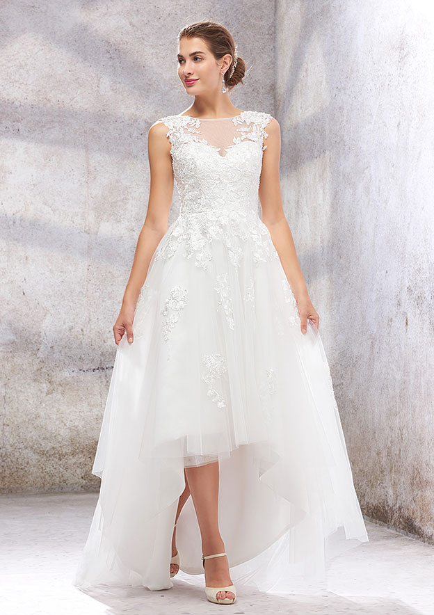 asymmetrical tulle wedding dress Stacees Wedding Dress Empire A-line Illusion Neck Asymmetrical Tulle Lace Sequins