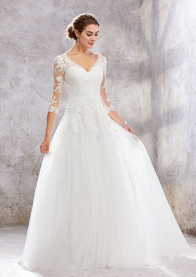 Princess A-line V Neck 3/4 Sleeve Sweep Train Tulle Lace Wedding Dress