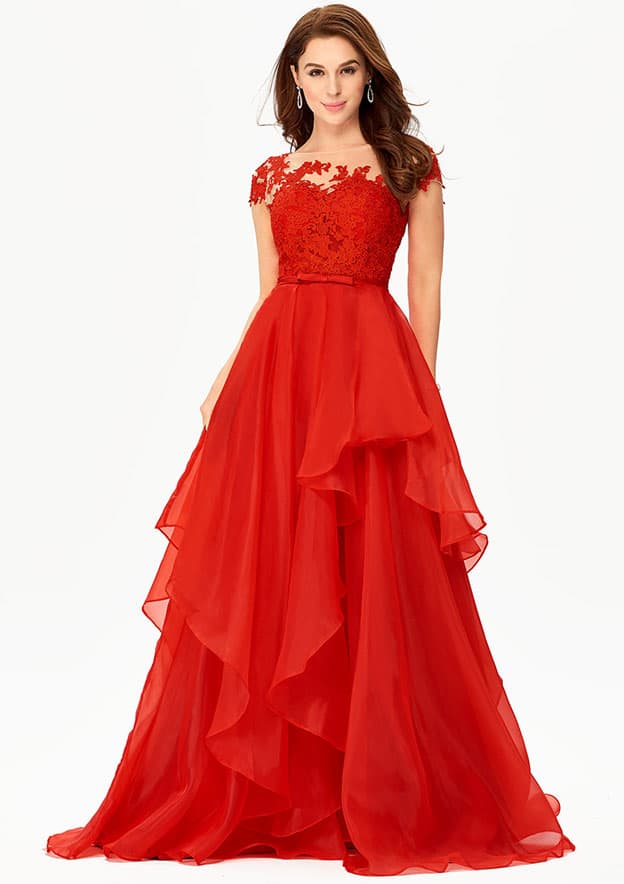 Princess A-line Illusion Neck Short Sleeve Organza Court Train Prom Dress With Cascading Ruffles Lace