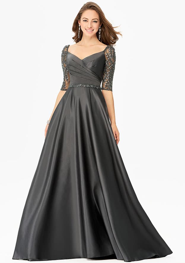 A-line V Neck Half Sleeve Satin Long/Floor-Length Prom Dress With Sequins Pockets Pleated Beading
