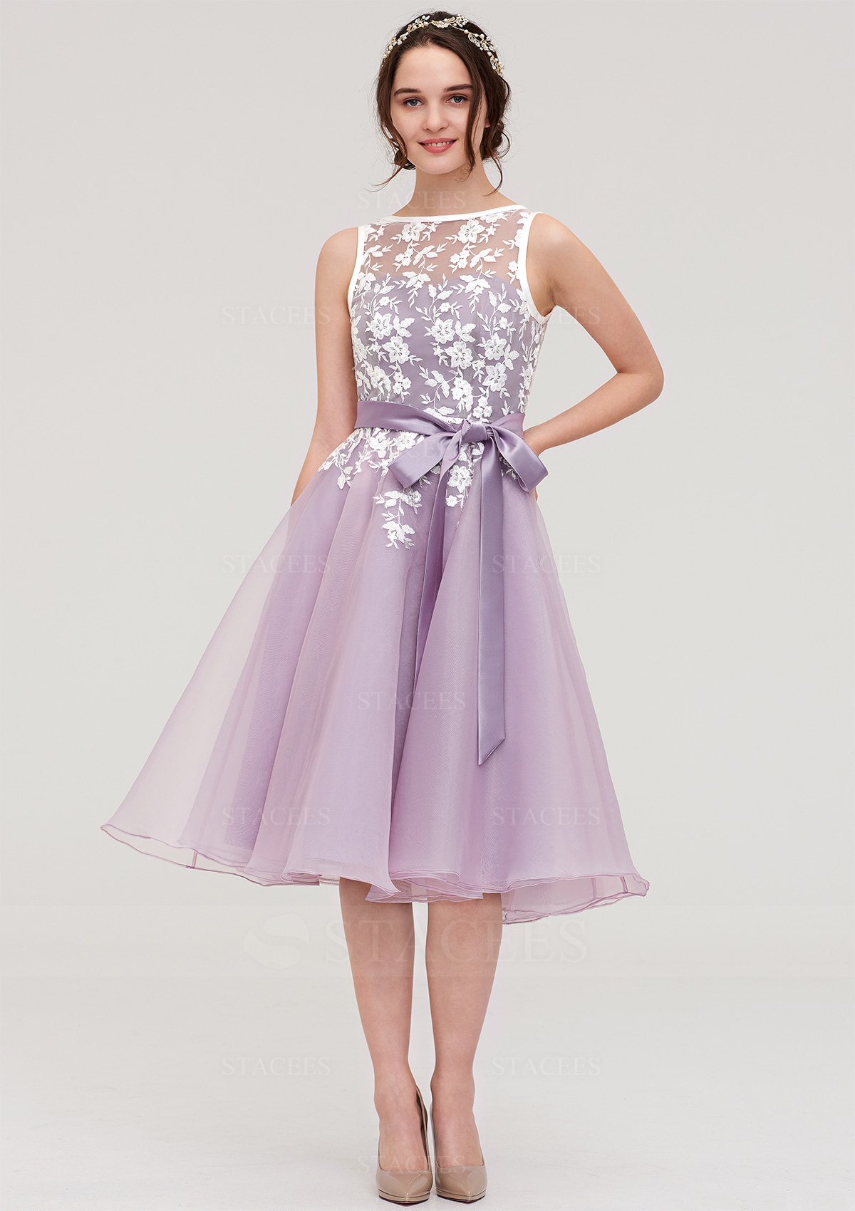 light purple lace bridesmaid dresses Stacees A-Line Bateau Knee-Length Organza Sashes Color:#38-Cornflower Blue