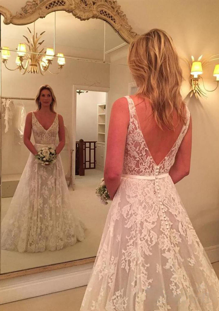 Ivory Lace Wedding Dress A-line/Princess Sleeveless Court Train With Appliqued - STACEES