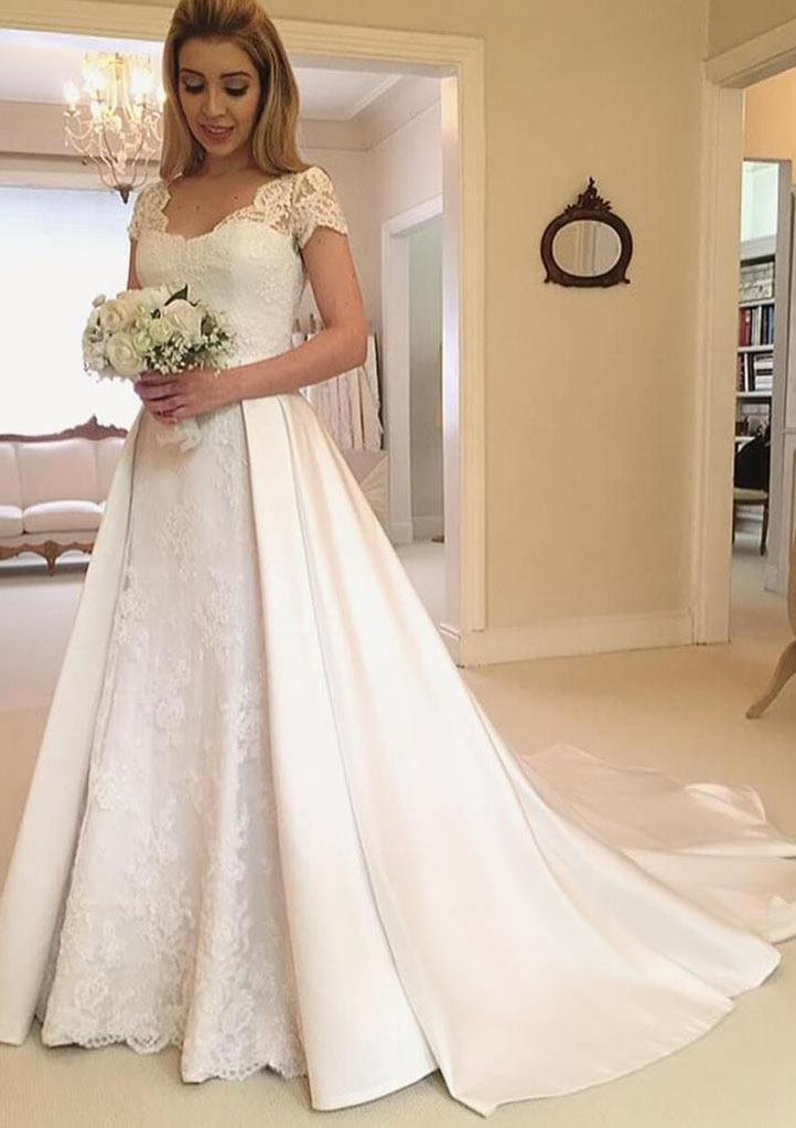 wedding dress with short sleeves Charming A-Line Square Neck Short Sleeves Wedding Dresses with Train Diamond White / 12