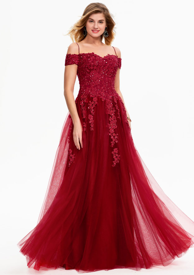 A-line Princess Off-the-Shoulder Sleeveless Lace Tulle Long/Floor-Length Prom Dress With Sequins