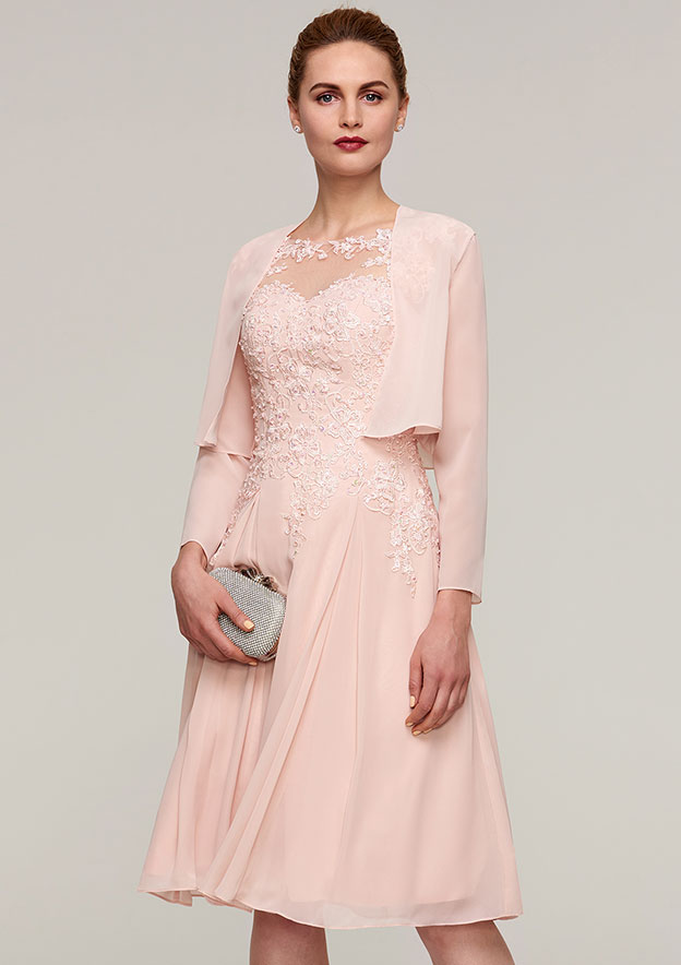 A-line/Princess Bateau Sleeveless Knee-Length Chiffon Mother of the Bride Dress With Jacket Appliqued Beading