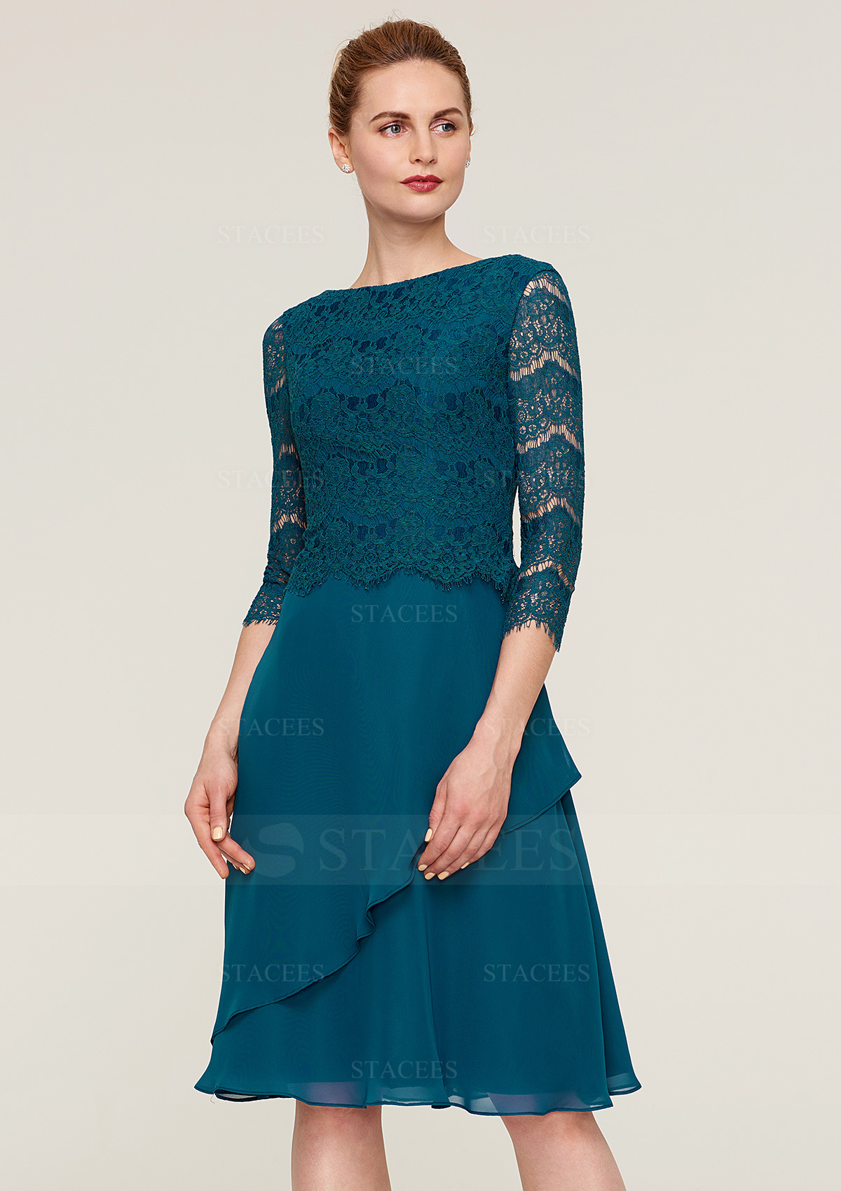 Ink Blue A-line/Princess Bateau 3/4 Sleeve Knee-Length Chiffon Mother of the Bride Dress With Lace Ruffles - STACEES