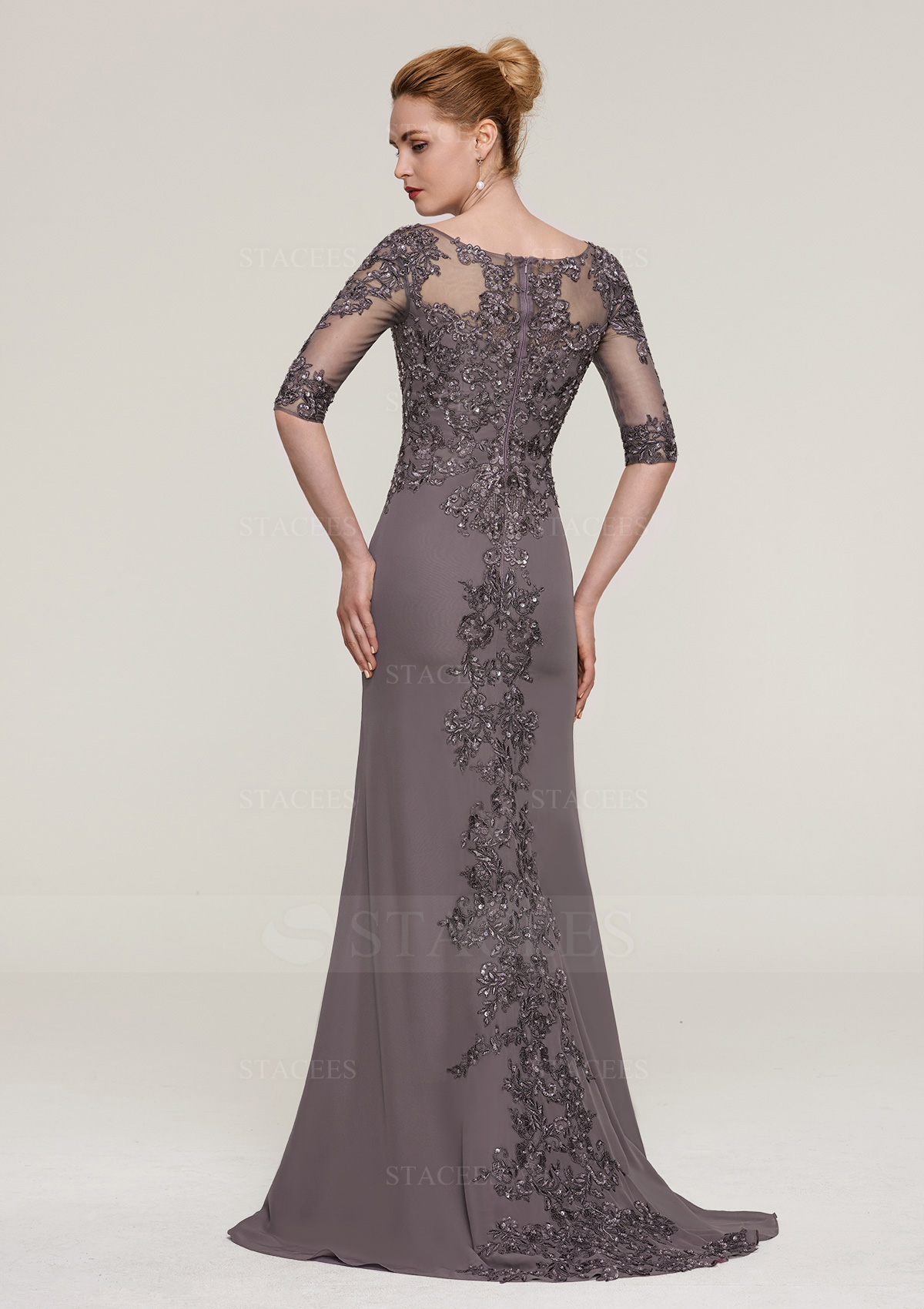 As picture Fourreau col en v mousseline traîne balayage robe de mère de la mariée avec appliqué perle - STACEES