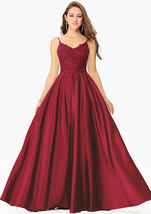 A-line V Neck Sleeveless Satin Long/Floor-Length Prom Dress With Sequins Pockets Lace Beading
