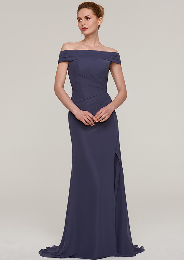 Sheath/Column Off-the-Shoulder Sleeveless Sweep Train Chiffon Mother of the Bride Dresses With Pleated Split