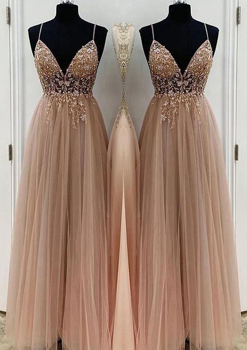 A-line/Princess V Neck Long/Floor-Length Tulle Sparkling Prom Dress With Beading Sequins