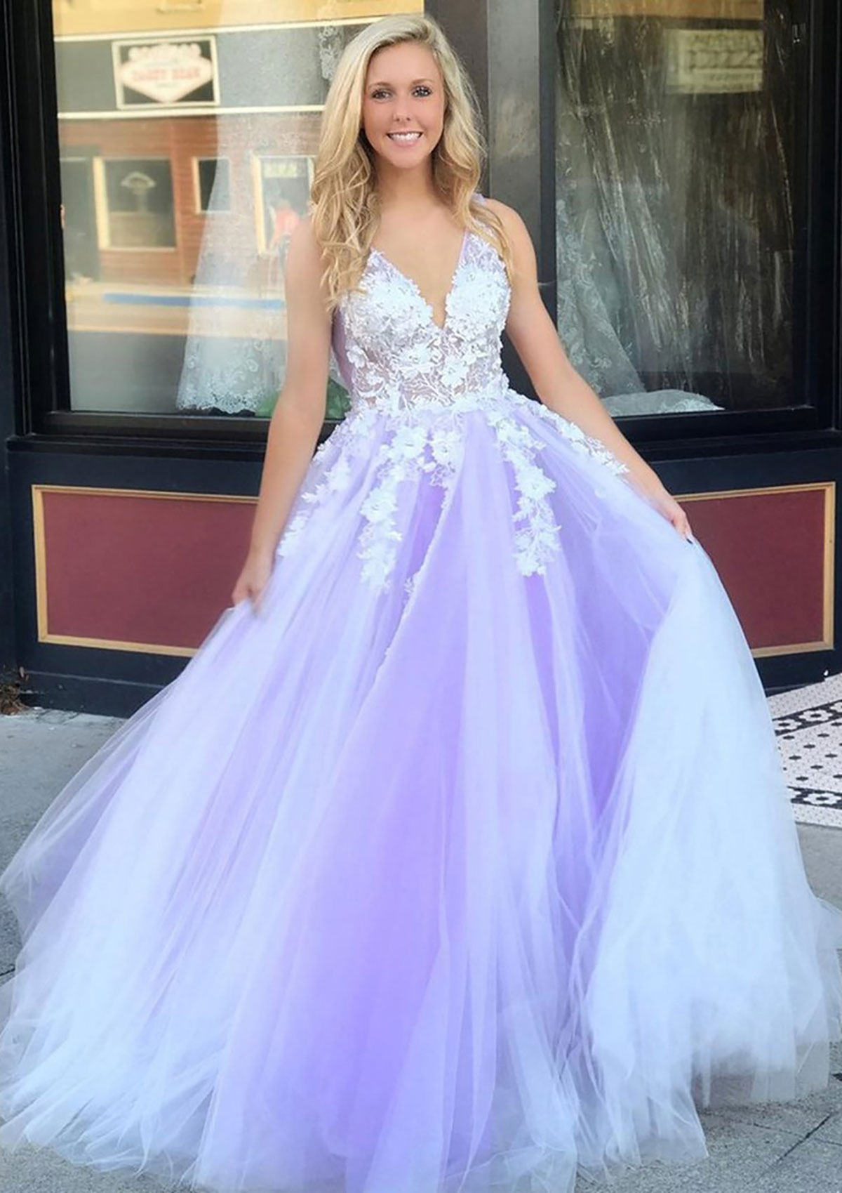 Lilac Ball Gown Sleeveless Long/Floor-Length Tulle Prom Dress With Appliqued - STACEES