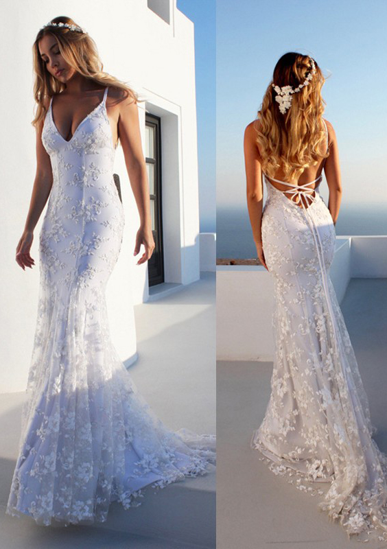 Ivory Trumpet/Mermaid Spaghetti Straps Court Train Lace Prom Dress - STACEES