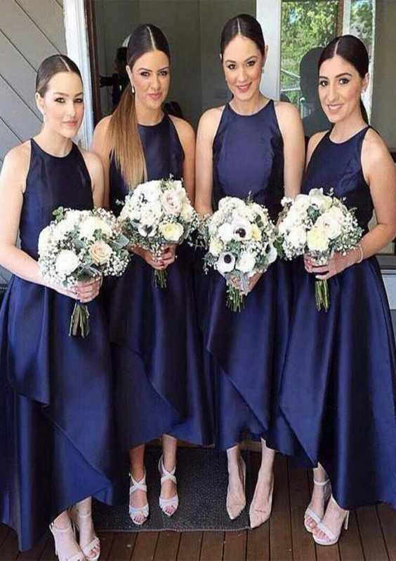 Dark Navy A-line/Princess Scoop Neck Sleeveless Asymmetrical Satin Bridesmaid Dresses With Pleated - STACEES