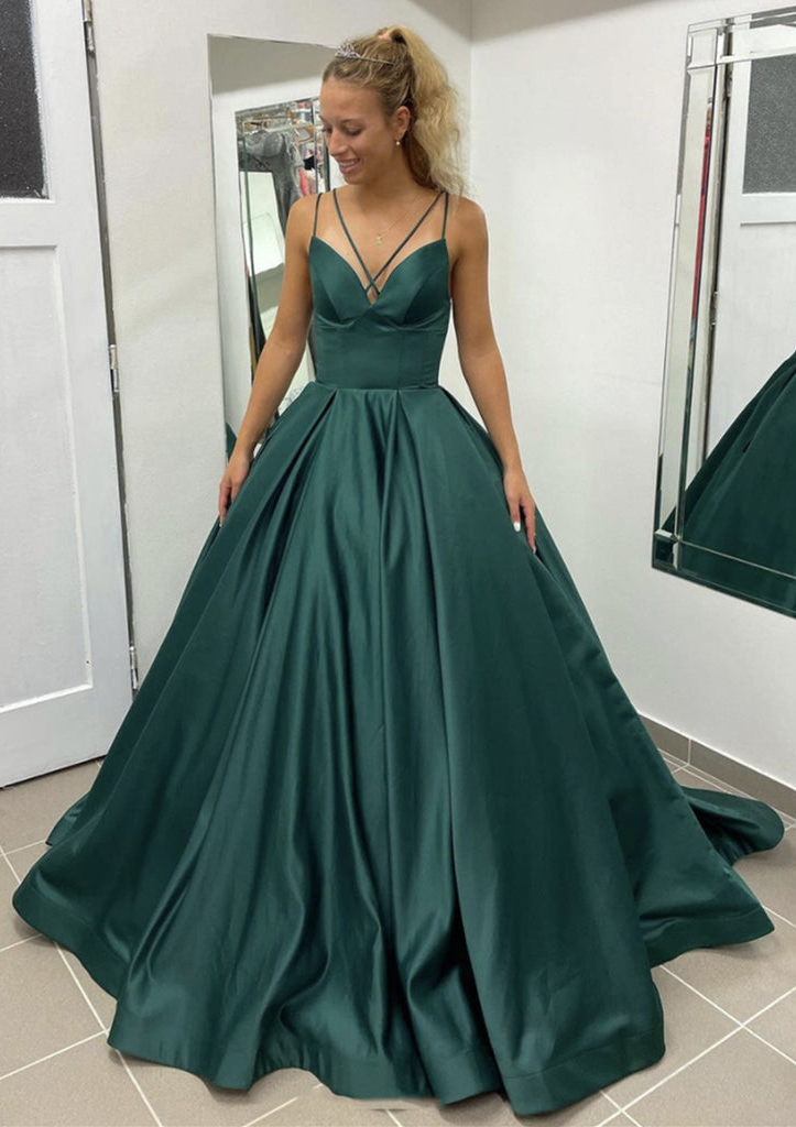 Peacock Ball Gown Sleeveless Scalloped Neck Sweep Train Satin Prom Dress With Pleated Pockets - STACEES
