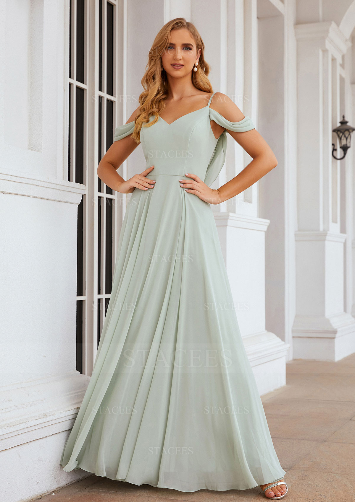 Vestido línea a hombros descubiertos gasa hasta el suelo vestido de dama de-honor