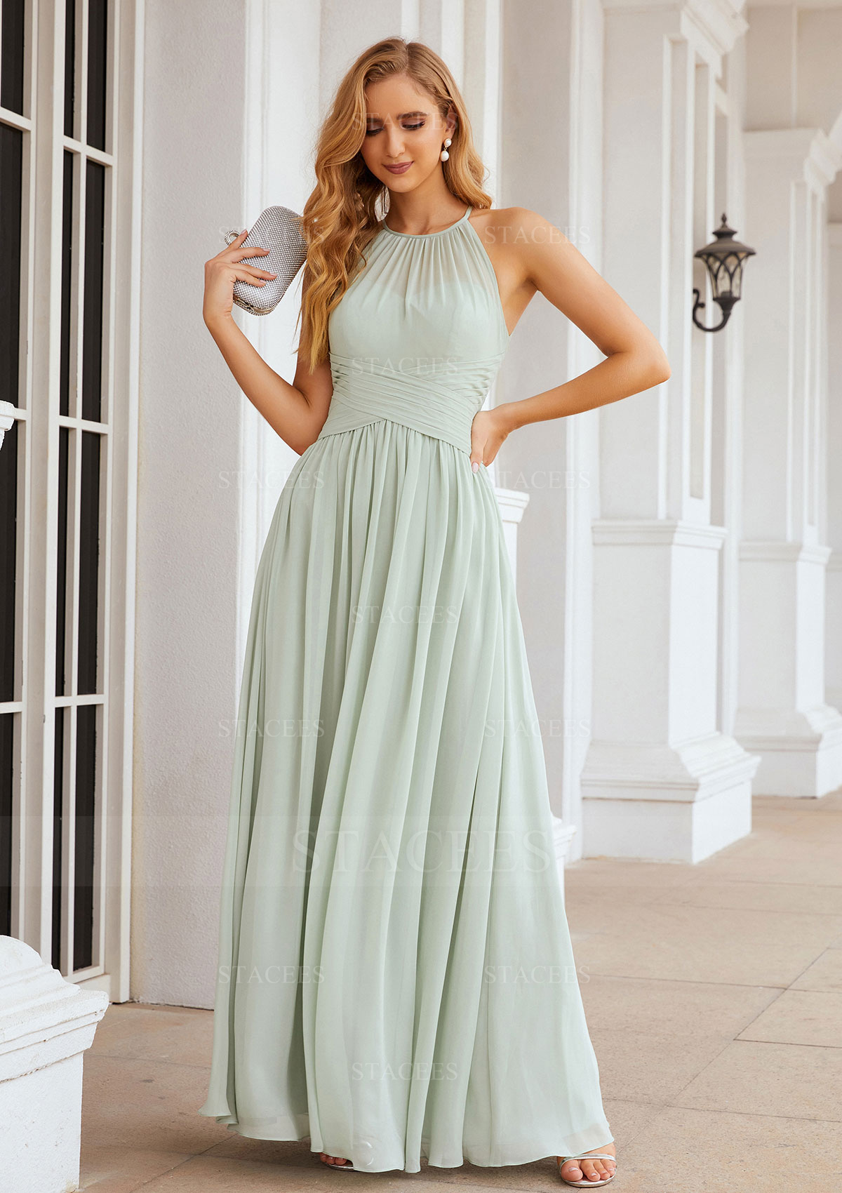 pleated chiffon halter dress Prom Dresses Long with Pleated Halter High Waist A-line Formal Dress for  Evening Wedding Party Baby Pink US 0 at Amazon Women's Clothing store