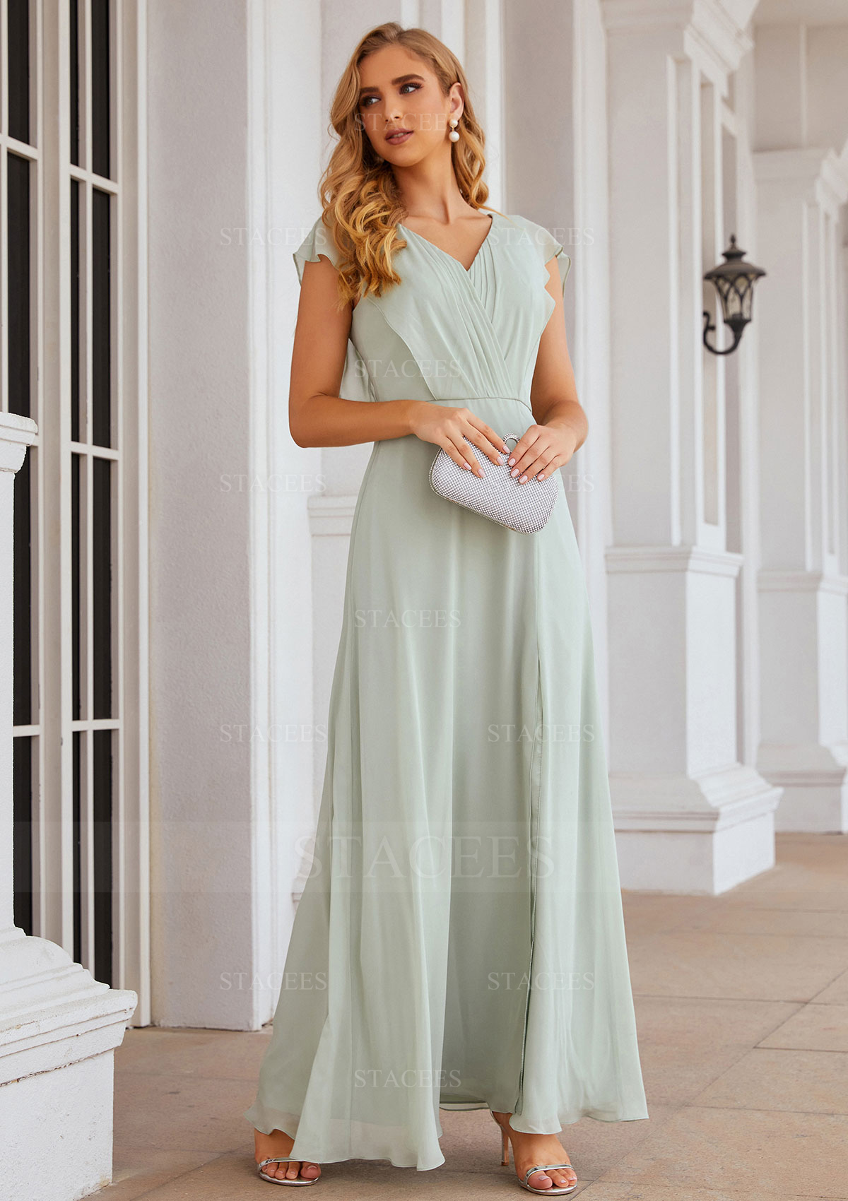 v neck sleeveless pleated chiffon evening dress Stacees Bridesmaid Dress A-line V Neck Long/Floor-Length Chiffon Pleated Split