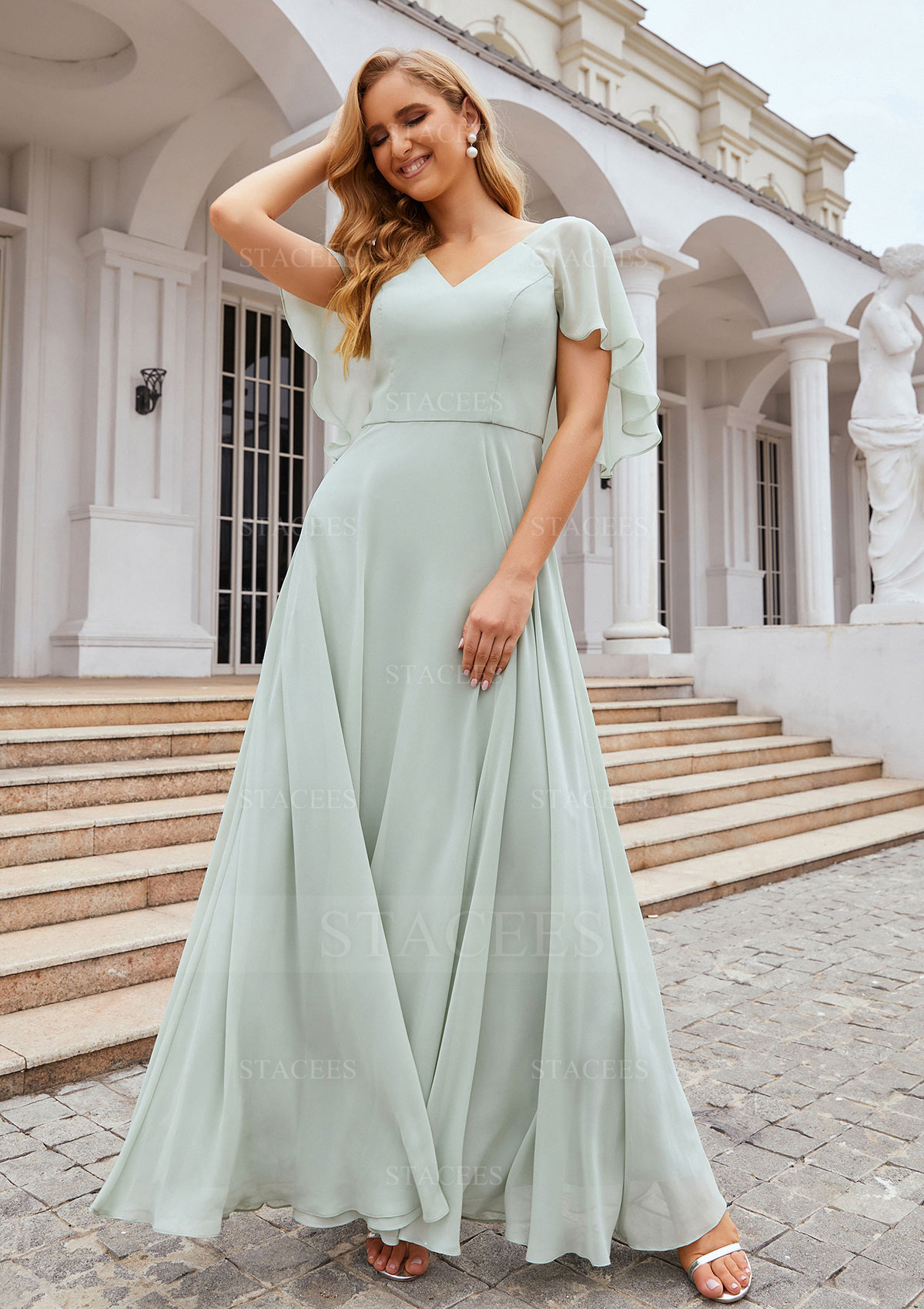 As picture Vestido línea a escote en v gasa hasta el suelo vestido de dama de honor - STACEES