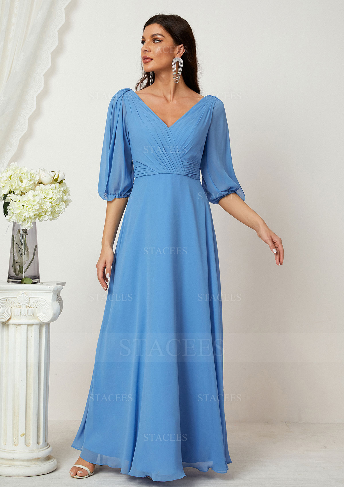 Vestido línea a escote en v gasa hasta el suelo vestido de madrina