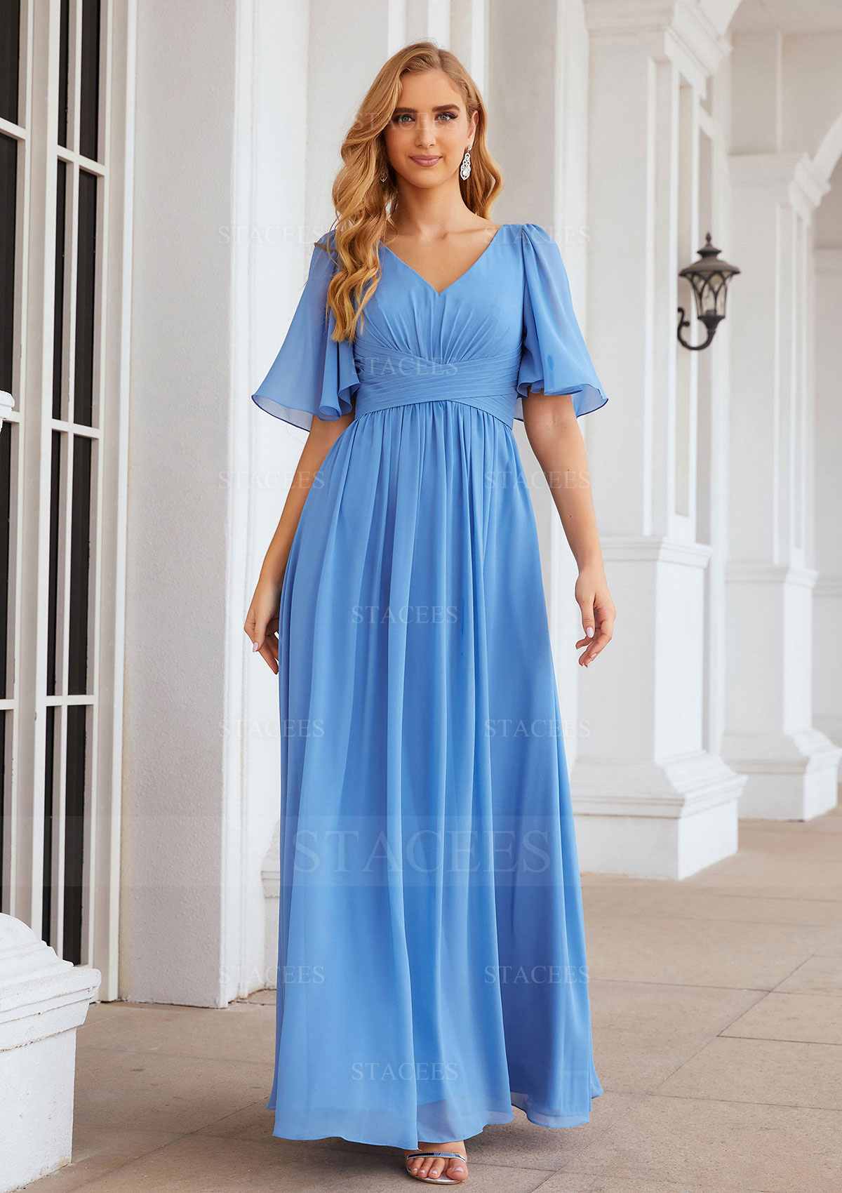 As picture Nice Pleated A-line V Neck Chiffon Long Bridesmaid Dress With Short Sleeve