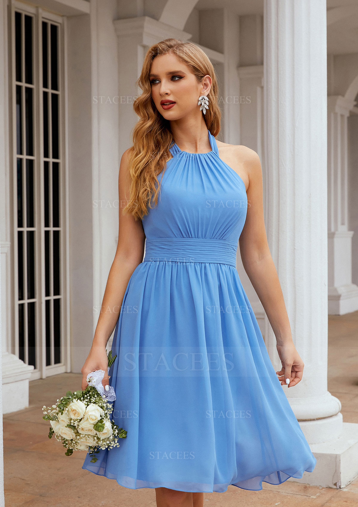 chiffon bridesmaid dresses knee length Stacees Bridesmaid Dress A-line Halter Chiffon Knee-Length Pleated