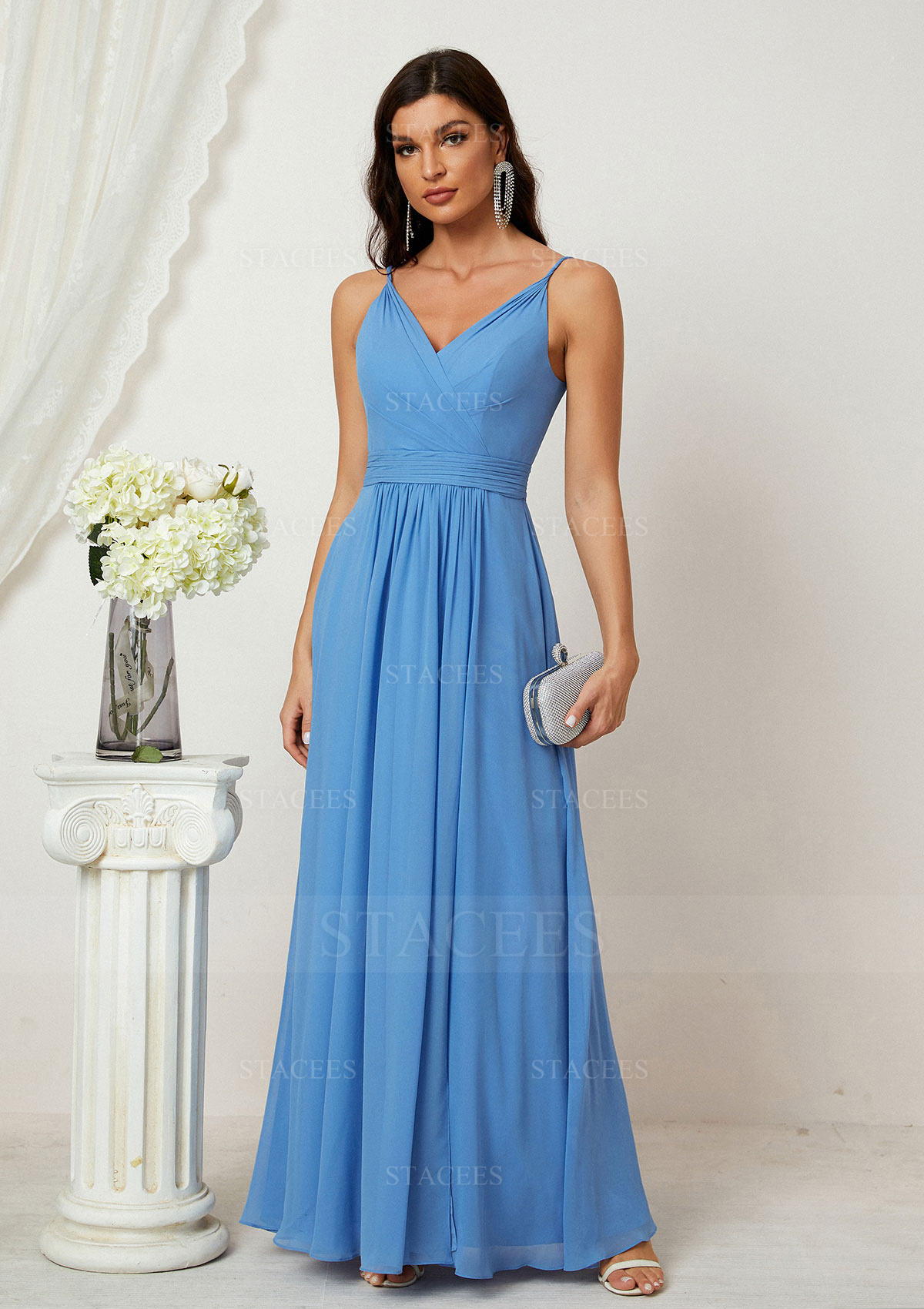 A-line V Neck Sleeveless Chiffon Long/Floor-Length Bridesmaid Dress With Split Pleated