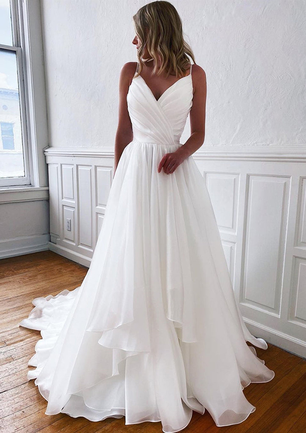 Princess A-line V Neck Sleeveless Organza Sweep Train Wedding Dress With Ruffles