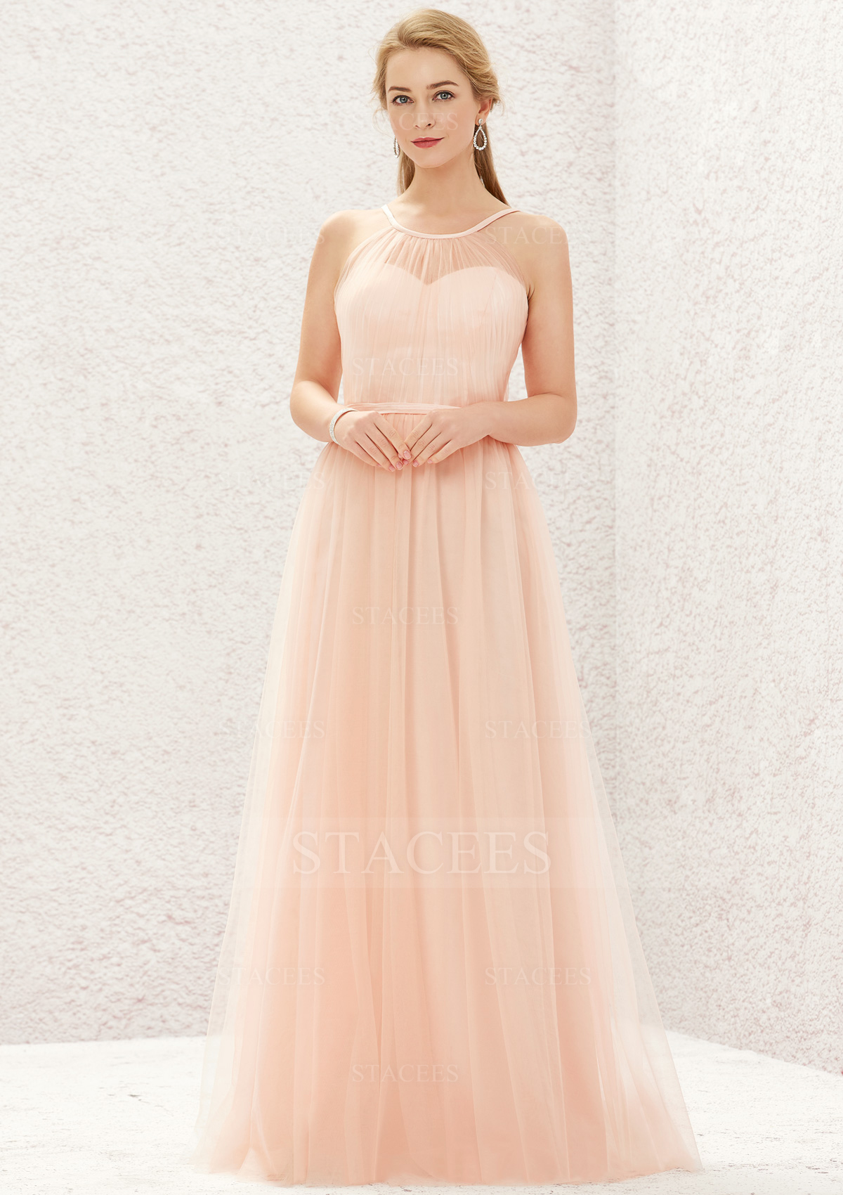 Tulle Satin Halter A-line Long Bridesmaid Dress With Pleated