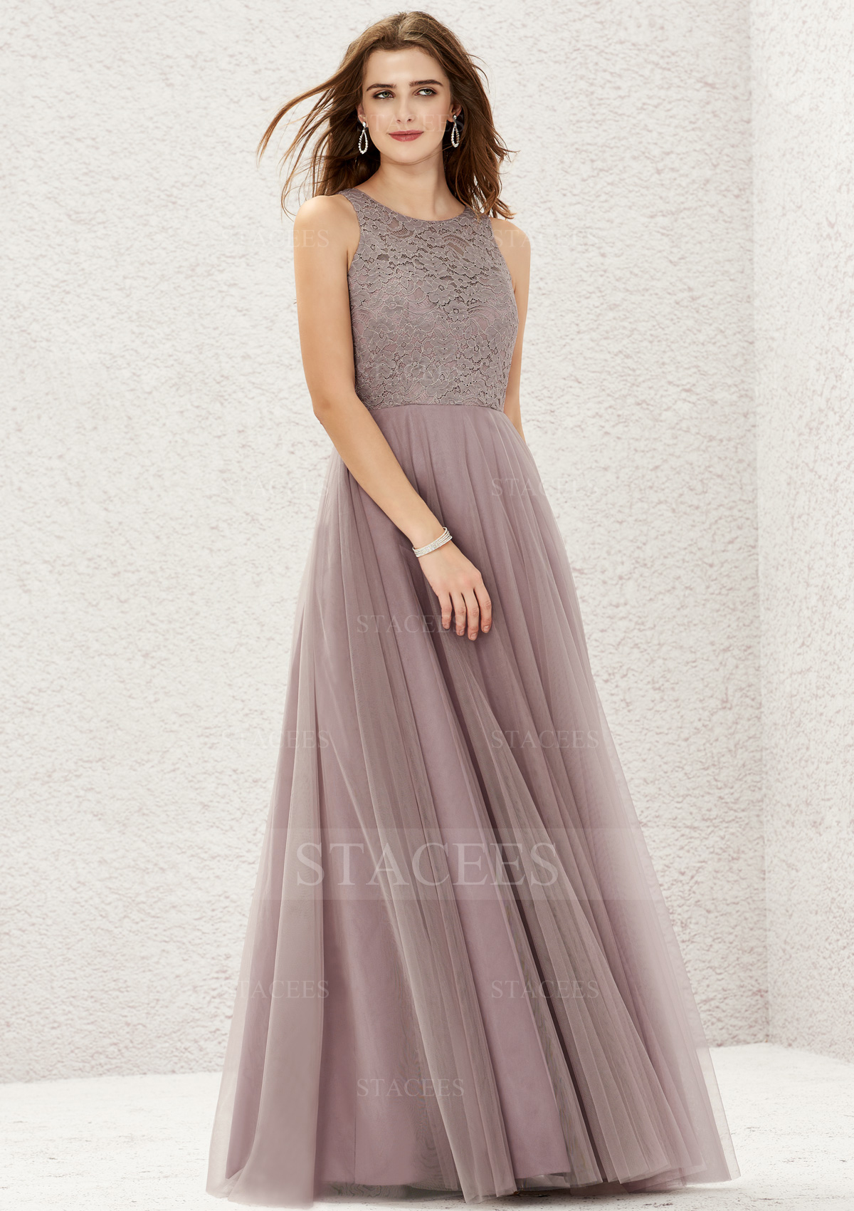 Robe trapèze scoop dentelle tulle longueur ras du sol robe de demoiselle d'honneur