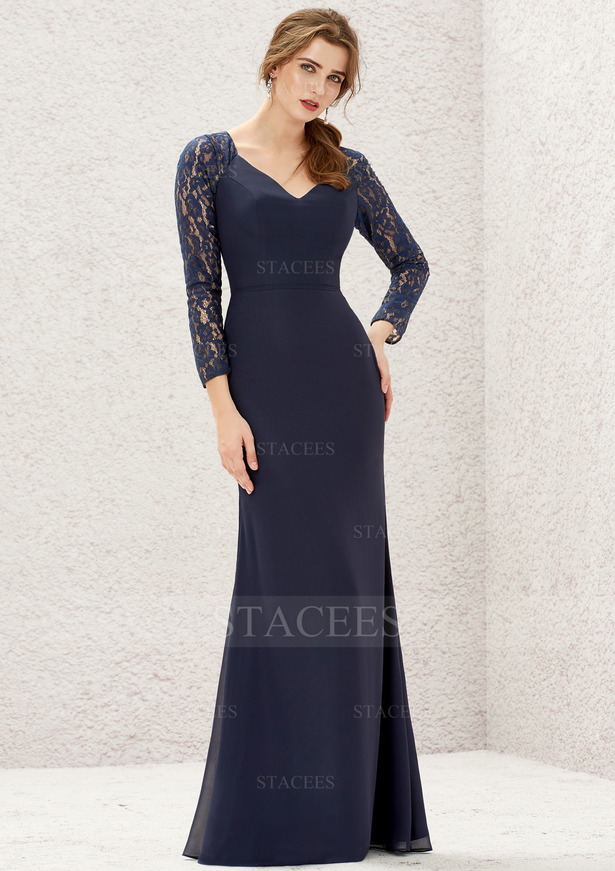 Sheath/Column Sweetheart 3/4 Sleeve Long/Floor-Length Lace Chiffon Bridesmaid Dress