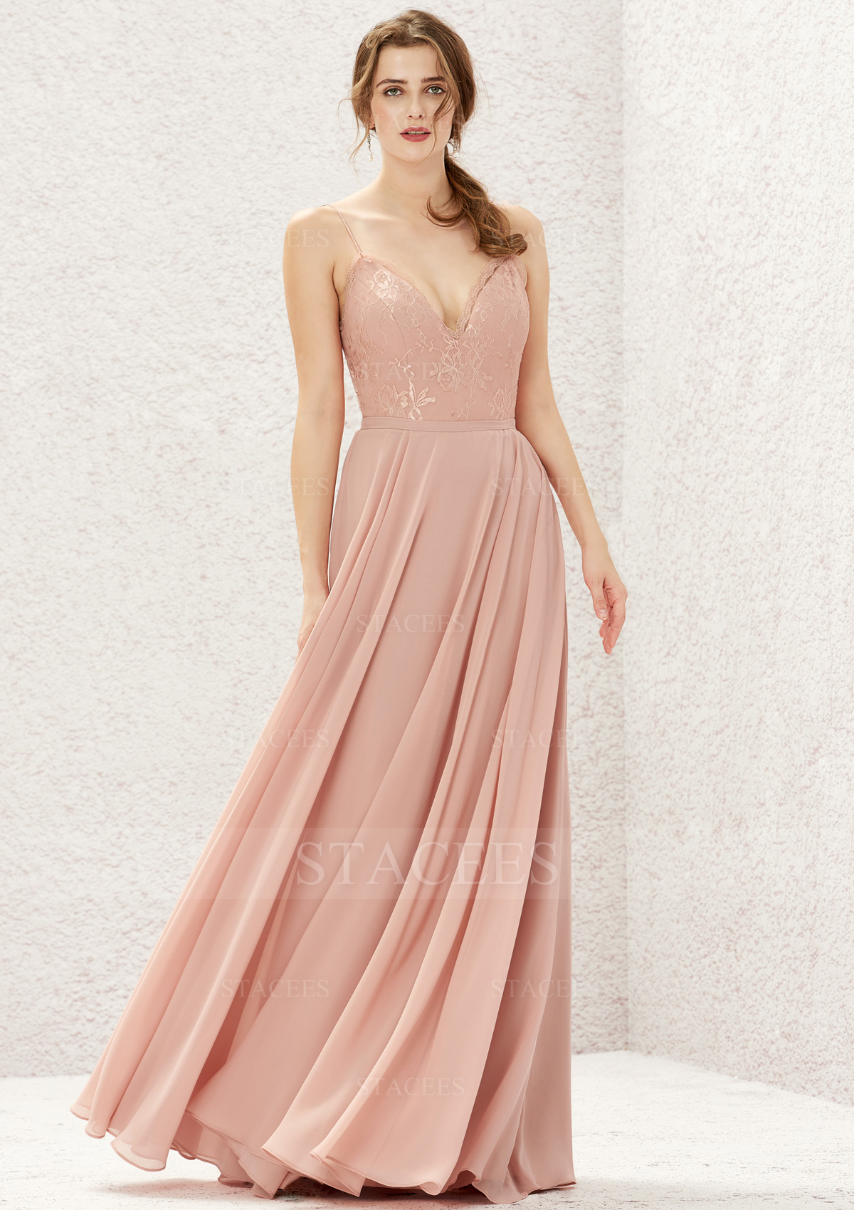 Dusty Pink A-line V Neck Sleeveless Long/Floor-Length Chiffon Bridesmaid Dress With Lace Pleated - STACEES