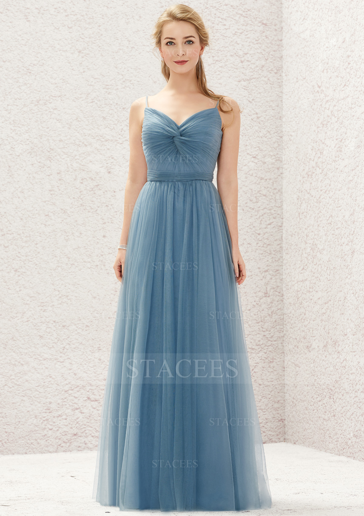 Vestido línea a escote en v tul hasta el suelo vestido de dama de honor