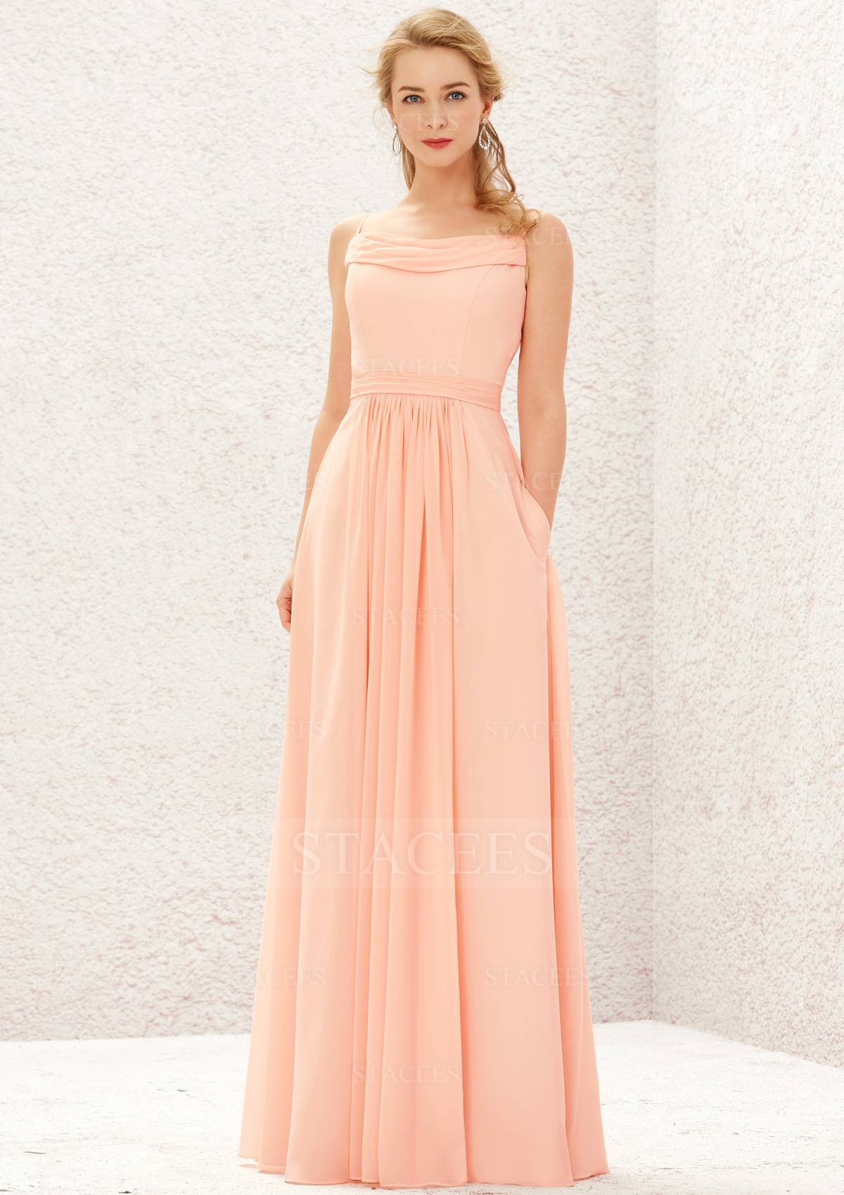 A-line Cowl Neck Sleeveless Long/Floor-Length Chiffon Bridesmaid Dress With Pockets Pleated
