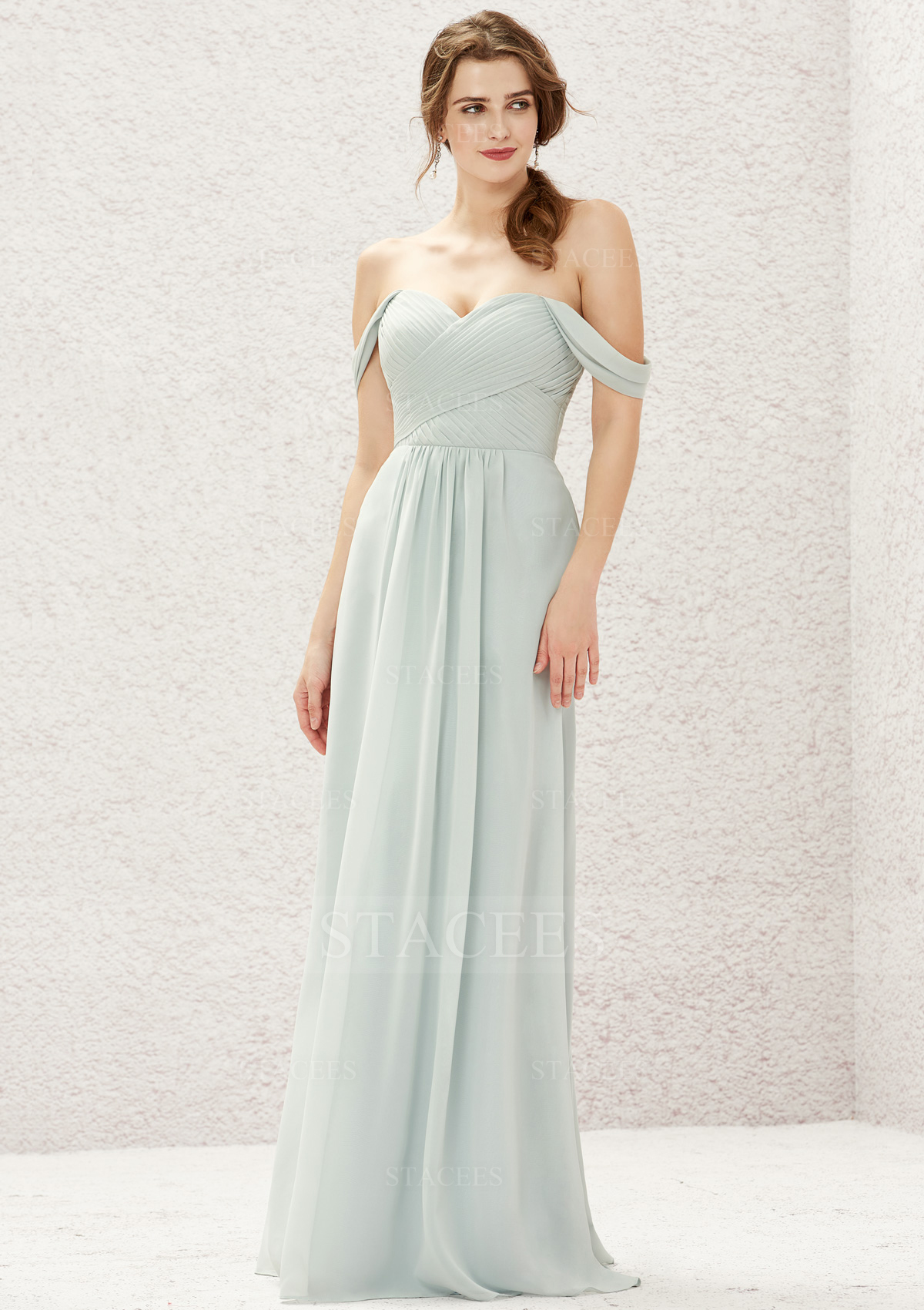A-line Off-the-Shoulder Chiffon Long/Floor-Length Bridesmaid Dress With Pleated